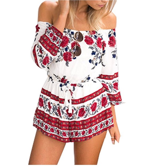 women floral print off shoulder jumpsuit - Picture 3 of 8